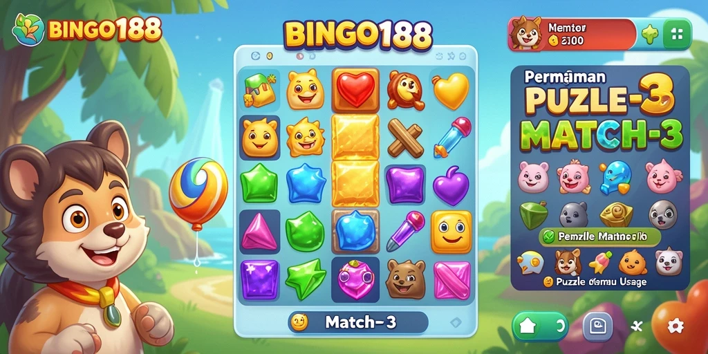 Antarmuka menarik dari game Puzzle Match-3 BINGO188.