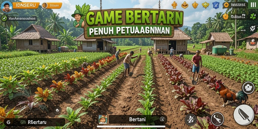 Antarmuka menarik IDNSERU menampilkan ladang yang kaya warna dan karakter lucu.