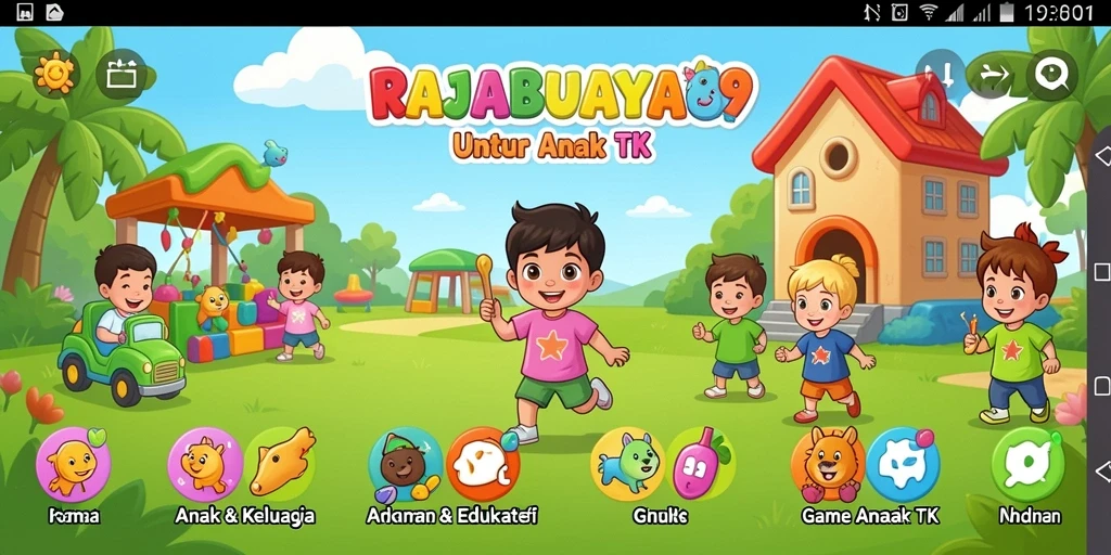 Tampilan interaktif aplikasi RAJABUAYA89 untuk anak-anak.
